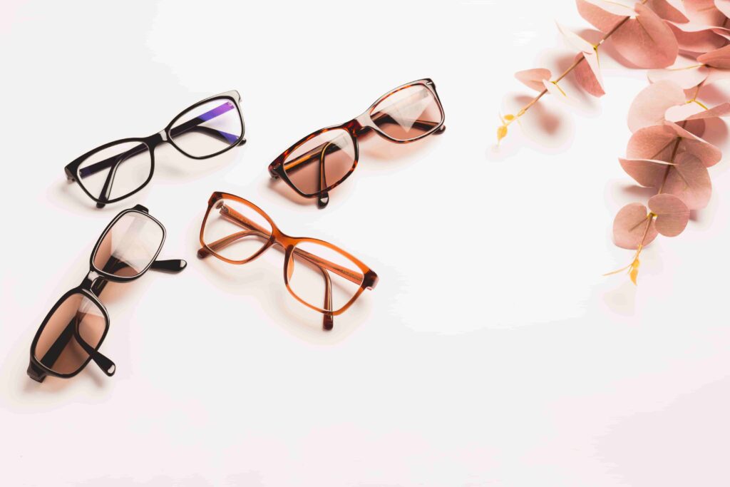 An assortment of designer eyeglass frames on display